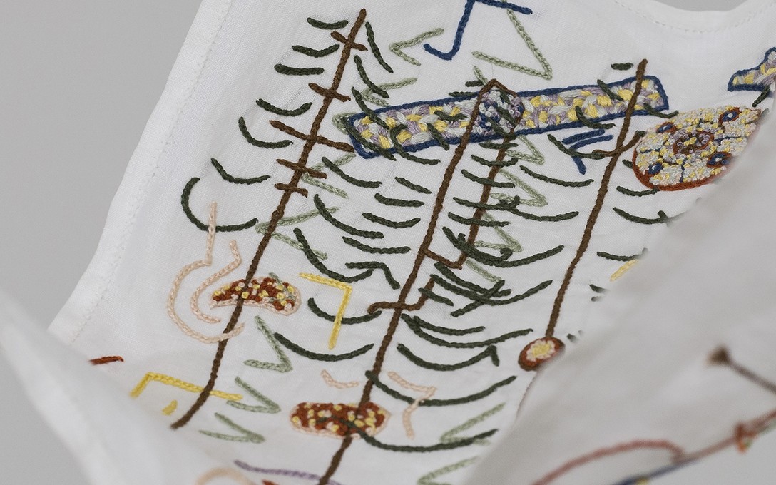 Areez Katki, Telemachus, 2021, cotton thread hand embroidery on muslin handkerchief, detail. Image courtesy of Cheska Brown.
