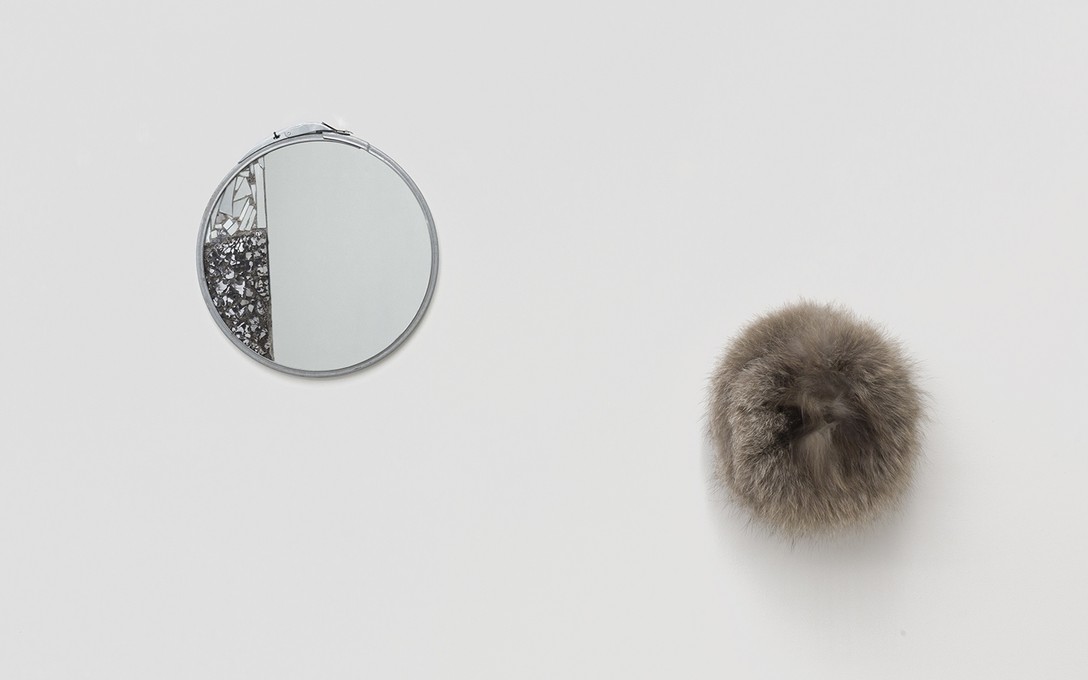 Bena Jackson and Teresa Collins, Wing mirror, 2021, mirrors, paint tin rim and Cooki’s hat, 2021, fur hat. Image courtesy of Cheska Brown.