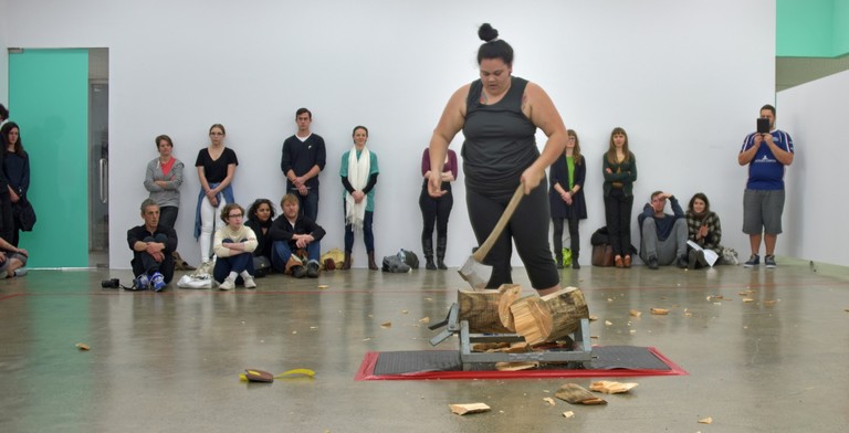 Darcell Apelu, New Zealand Axemen’s Association: Women’s Sub Committee - President, documentation of performance, August 2, 2014. Image courtesy of Peter Jennings © Artspace NZ