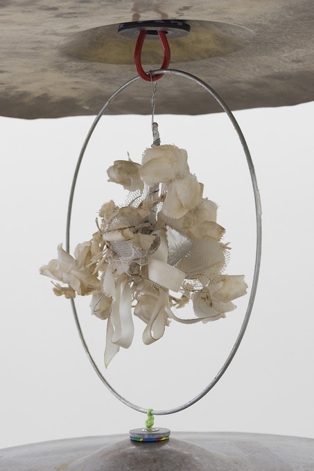 Bena Jackson and Teresa Collins, Molly’s gift, 2021, cymbals, foam, washers, cable, glass, fake flowers, detail. Image courtesy of Cheska Brown.