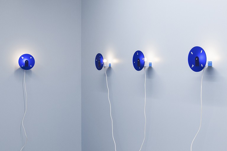 Turumeke Harrington, Te Tauwhirowhiro Maruwehi (Can’t hold this sunny disposition back) II, III, XII and VI, 2021, steel, acrylic perspex, LED light bulbs and electrical wiring. Image courtesy of Cheska Brown.