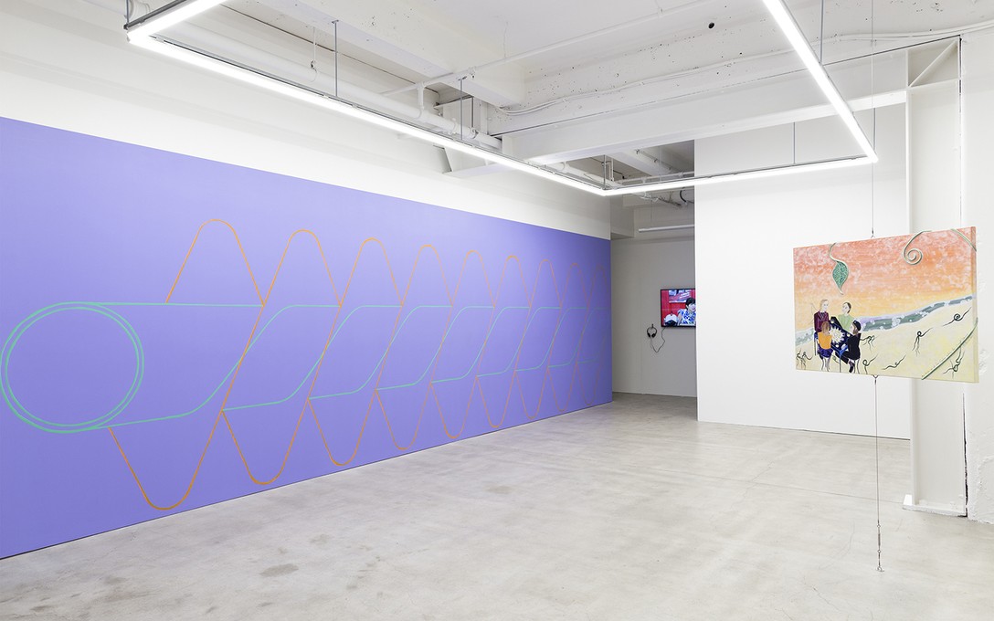 Imogen Taylor and Sue Hillery, Sluice, 2020, acrylic paint; Li-Ming Hu, Three interviews, 2019, digital video, 10:20 and Georgette Brown, And Holds Us At The Center While the Spiral Unwinds, 2020, acrylic paint, mediums and rope on canvas. Image courtesy of Cheska Brown.