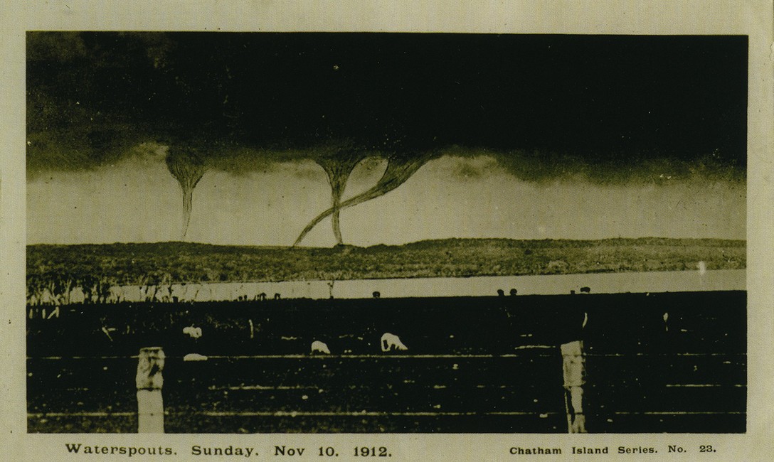 Triple Waterspouts, photographed off Chatham Islands, New Zealand, 1912. Lemuel Lyes Collection.