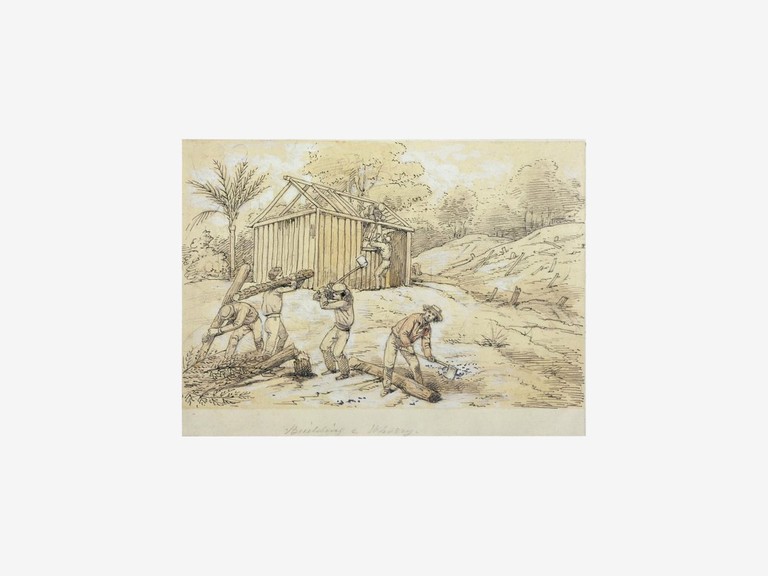 William Strutt, Building a whorry, 1855-6, pen drawing, 100 x 150 mm, Alexander Turnbull Library: E-453-f-012