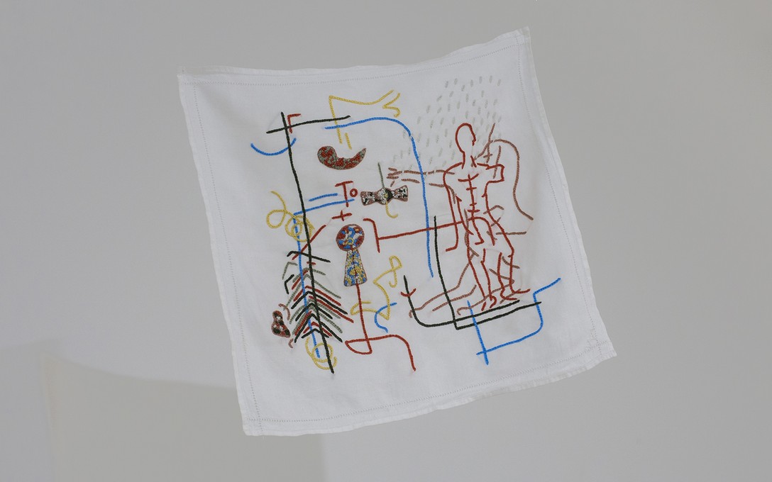 Areez Katki, Through the keyhole, 2021, cotton thread hand embroidery on muslin handkerchief. Image courtesy of Cheska Brown.