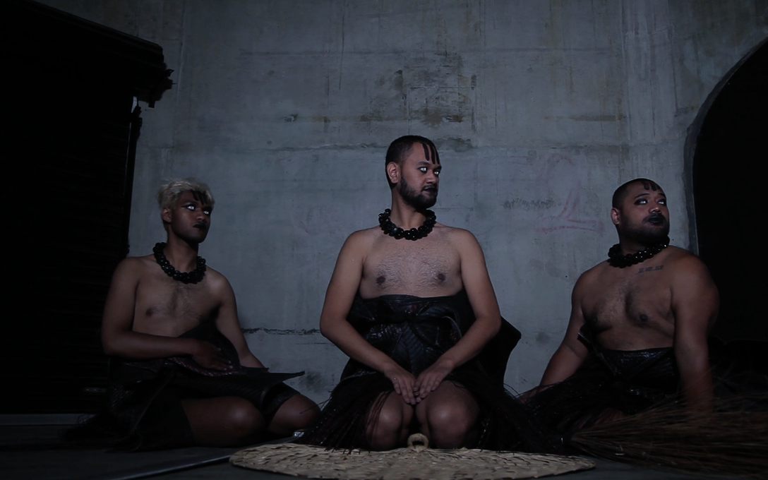 Manu Vaea, Pati Solomona Tyrell, Sione Monu, WITCH BITCH presents Statuesque Anarchy, 2017. Three-channel digital video, single channel video still. Image may not be reproduced without permission from the artists. 