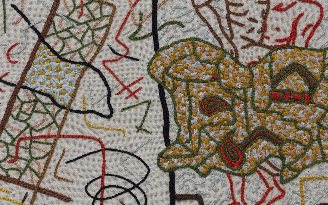 Areez Katki, In Small Places (Farrokh & Sohrab), 2018, cotton thread hand embroidery on hand-loomed tea towel, detail. Image courtesy of Cheska Brown.