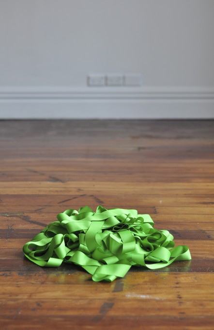 Rossana Martinez, You Can Sing Me Anything, 2011, fifty yards of 2 inch green ribbon. Image courtesy of Lance Cash.