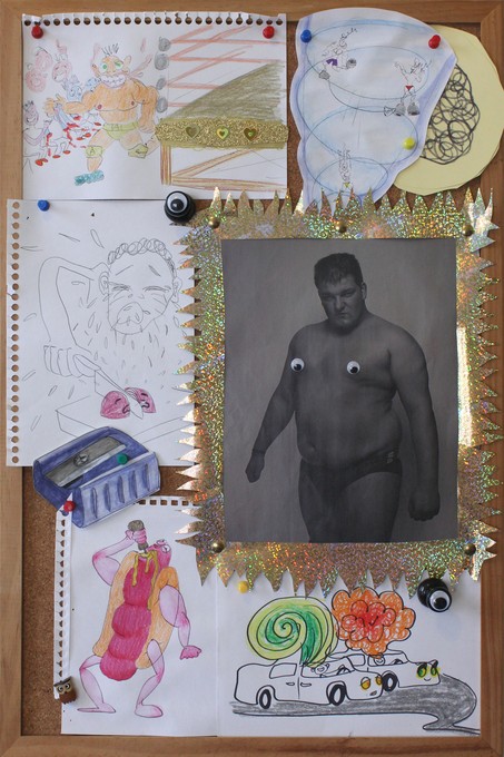 Daphne Simons, Pin Down, 2017, paper, pens, pencil, colouring pencils, crayons, paint, fancy papers, pins, googley eyes, paperboy photo of Graham Hughes, pinboard. Image courtesy of the artist.