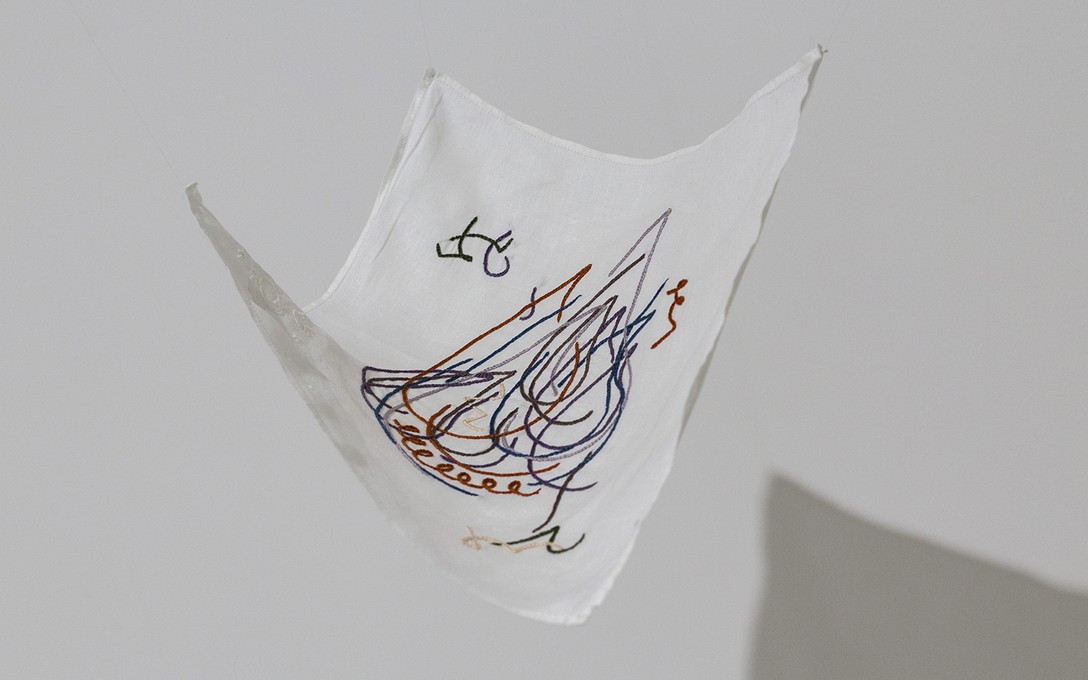 Areez Katki, Paisley (bruise blue), 2021, cotton thread hand embroidery on muslin handkerchief. Image courtesy of Cheska Brown.