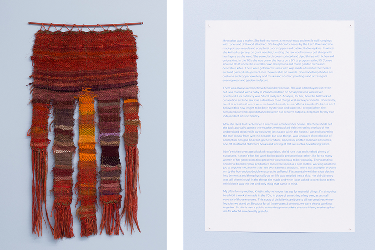 Kristin Leek, Wall hanging, c.1975, mixed media. Image courtesy of Cheska Brown. Saskia Leek, My mother was a maker, 2021, text, A4 paper. Image courtesy of Cheska Brown.  