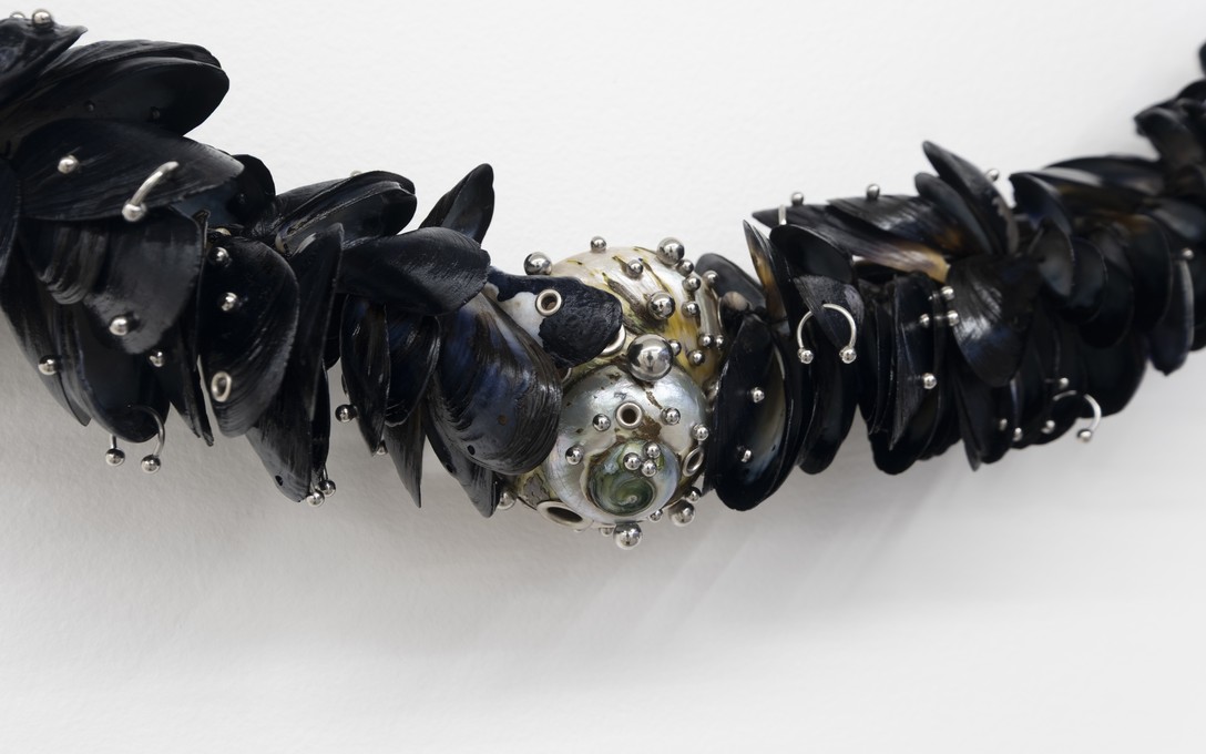 Bailey Gardner, Untitled #3, Pōrohe shells, atāta shell, nylon, steel, iron, 2026, detail. Photo by Samson Dell.