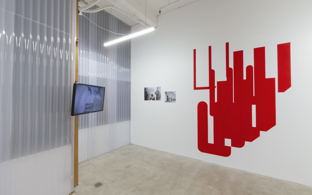 Ali Asfour, Where Is My Childhood Now? 2025. Installation view. Image courtesy of Cheska Brown. Catherine Griffiths, W in Blood [diptych with void] 2025. Installation view. Image courtesy of Cheska Brown.