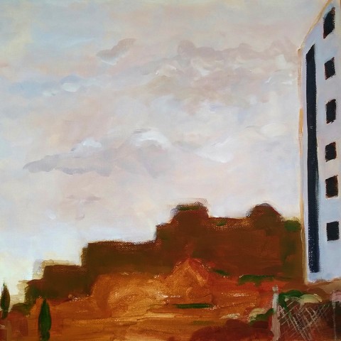 Luke Sullivan, Cityscape, hazy sky, 2021, acrylic on canvas, 610 x 400mm.