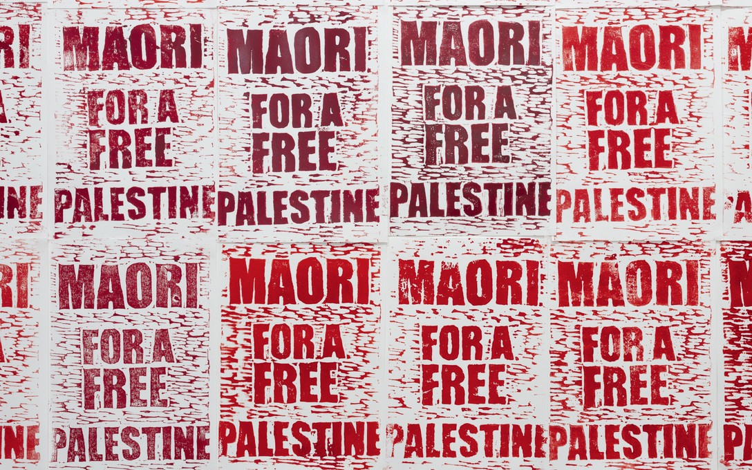 Ngāpuhi Aunties, Māori for a Free Palestine, installation view. Courtesy of Cheska Brown.