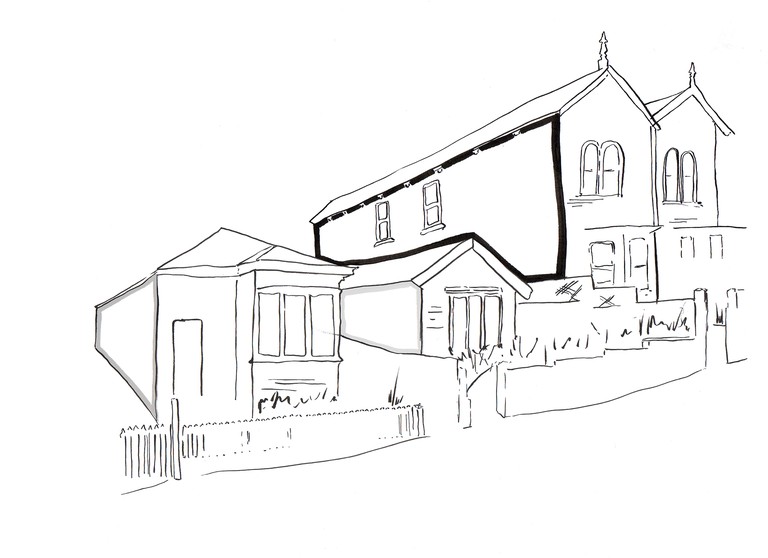 Rosie Evans, Under-utilised North faces of houses on Coromandel Street, Newtown, ink on paper, 297 × 210mm, 2015. © Rosie Evans