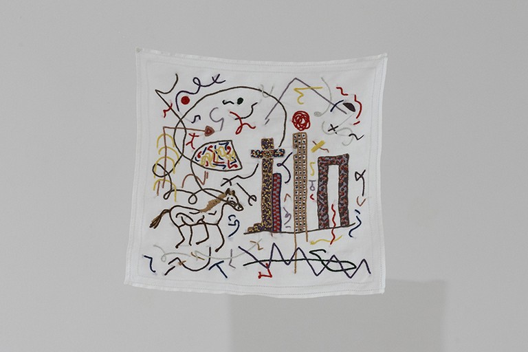 Areez Katki, Trojan, 2021, cotton thread hand embroidery on muslin handkerchief. Image courtesy of Cheska Brown.