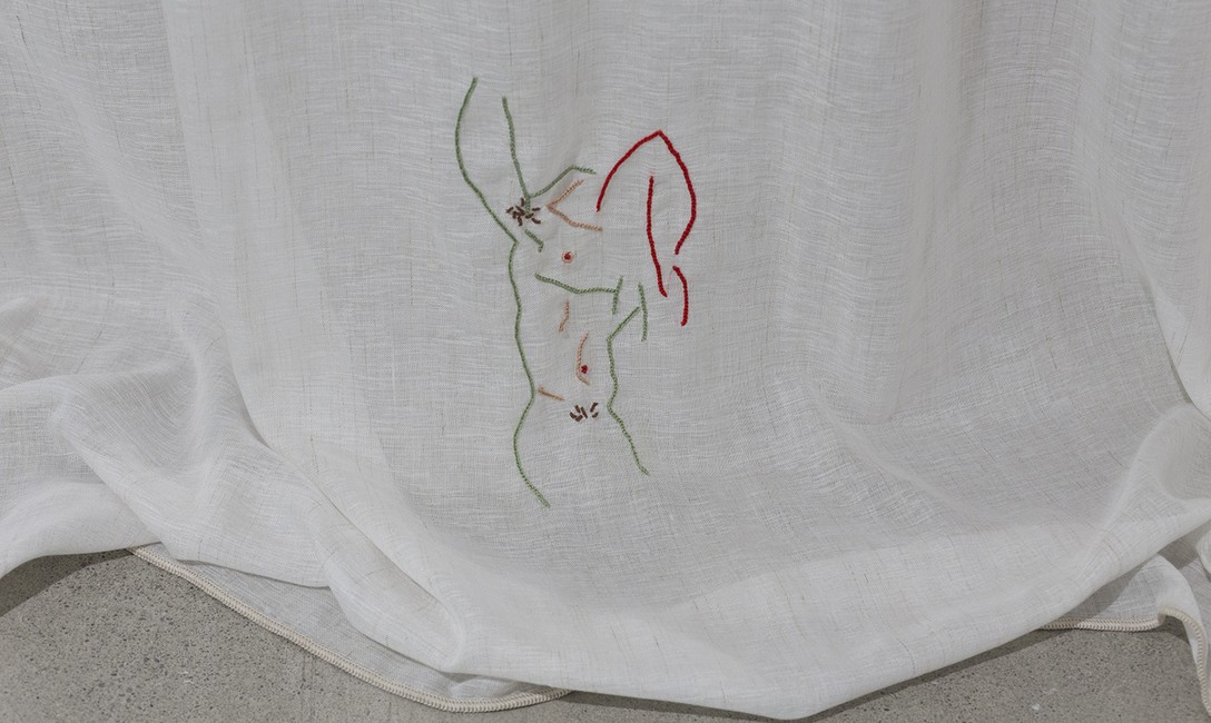 Areez Katki, Drapery, 2019, cotton, silk thread embroidery on 80% linen 20% cellulose textile. Image courtesy of Cheska Brown.