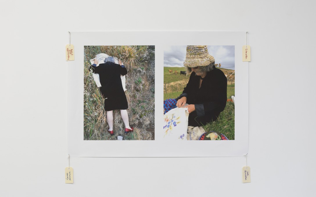 Ruby and Pearl (Fiona Clark and Raewyn Turner), Listening to the ground for fracking, 2017. Mangahewa A well site, Todd Energy (left), Kowhai A well site, Greymouth Petroleum (right). Performance documentation. Detail view. Courtesy of Cheska Brown.
