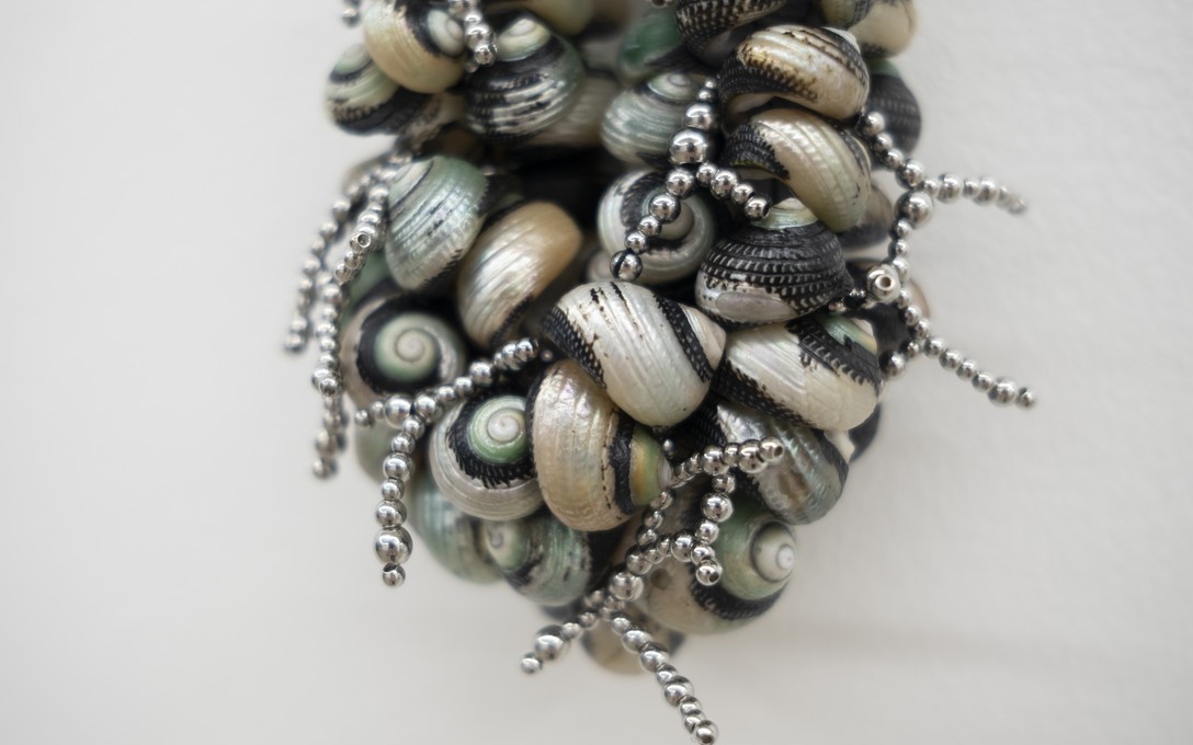 Bailey Gardner, Untitled #1, Pūpū shells, steel, nylon, fishing line, 2026, detail. Photo by Samson Dell.
