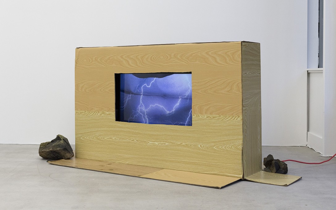 Louisa Beatty, Pine cabinet, 2019, cardboard, contact paper and Louisa Beatty, Local foley, 2019, digital video. Image courtesy of Cheska Brown.