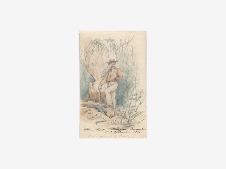 William Strutt, Mangarie [Mangaire], Taranaki, New Zealand, 1856, pen and wash, National Library of Australia: nla.pic-an3240357