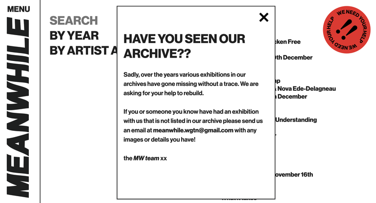 A screengrab of the Meanwhile website, https://www.meanwhilegallery.com/#/archive