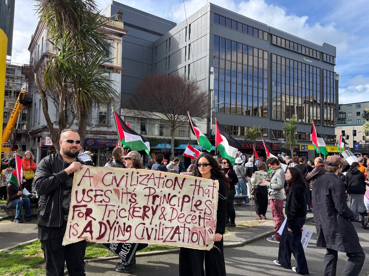 DJCS and Brooke Pou at the National Day of Action for Palestine on 16 August 2025. Photo by Sophie Mephan.