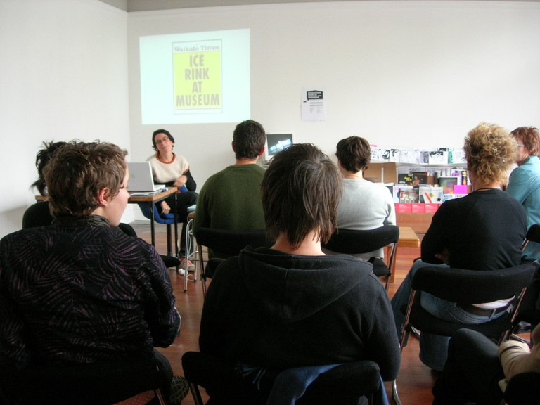 Artist Maddie Leach presenting during the Documentation seminar.