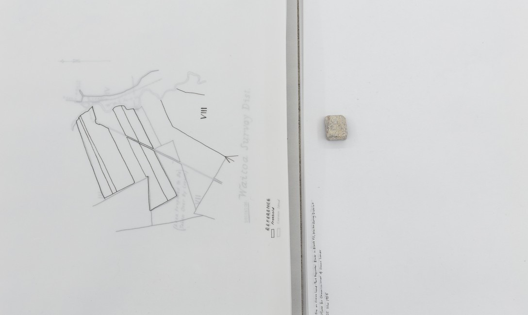 Ashleigh Taupaki, Map Layers 1 - 200, 2022-23, pen on tracing paper, rocks from Hauraki waterways. Courtesy of Cheska Brown.