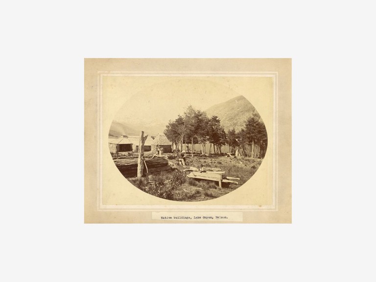 William Thomas Locke Travers, Native Buildings, Lake Guyon, Nelson, c.1865, albumen print, ATL: PAColl-1574-01