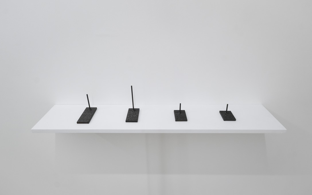 Yana Dombrowsky-M’Baye, three baskets woven from a memory recalled, 2026, patinated steel mounts (inscribed). Photo by Samson Dell.