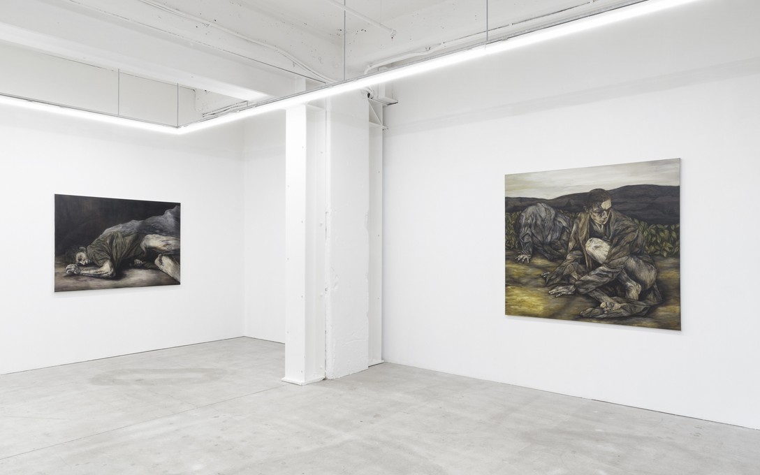 Eleanor Díaz Ritson, Through Claystone Eyes, install view. From left to right: Collapse: in the Stony Throes, 2022, water-soluble oil on canvas, 120x165cm; Furrowing Wayfarer, 2022, water-soluble oil on canvas, 150x165cm. Image courtesy of Cheska Brown.