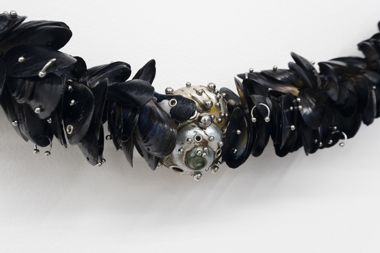 Bailey Gardner, Untitled #3, Pōrohe shells, atāta shell, nylon, steel, iron, 2026 (detail). Photo by Samson Dell.