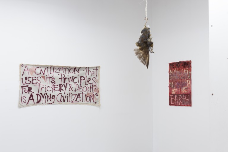 Aroha Matchitt-Millar, Tīwaiwaka takamiri turuma, he tangata kaikino and p Walters Césaire at Ihumātao, 2025. Acrylic, spray paint, dye on canvas & angels and faggots, 2025. Oil pasel, dye, acrylic on paper.