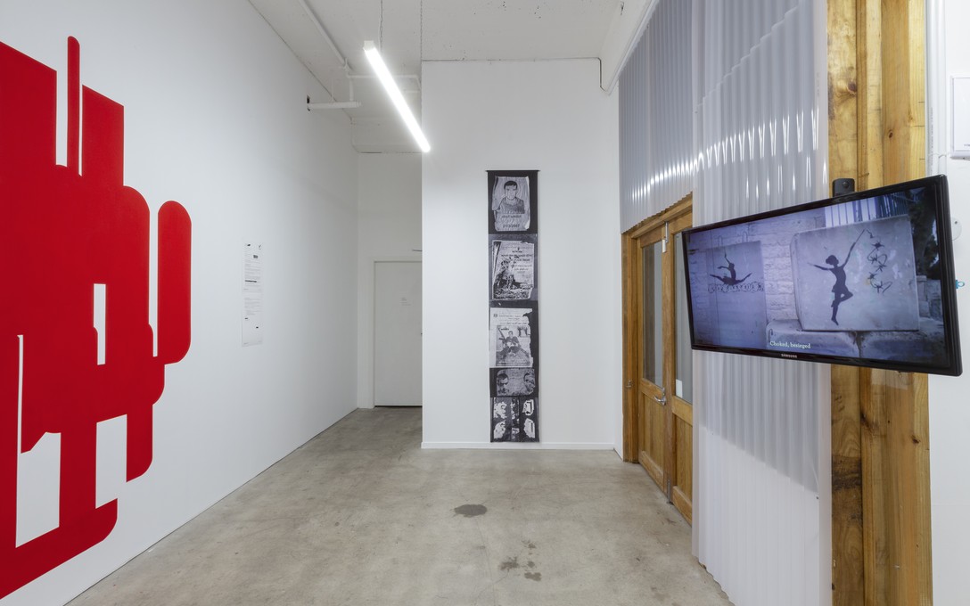 Ali Asfour, Where Is My Childhood Now? 2025. Installation view. Image courtesy of Cheska Brown. Catherine Griffiths, W in Blood [diptych with void] 2025. Installation view. Image courtesy of Cheska Brown.