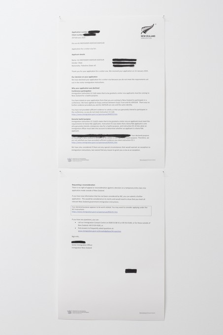 Ali Asfour, Letter of Declination, Immigration New Zealand. Image courtesy of Cheska Brown.