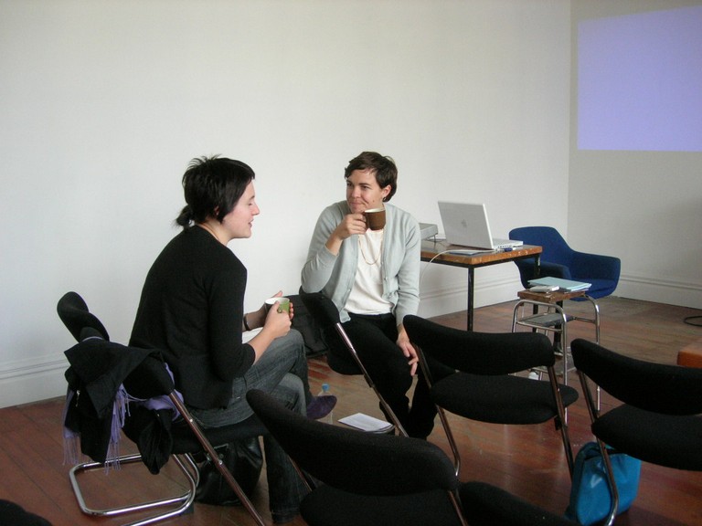 Curator Sarah Farrar in discussion with artist Courtney Lucas post-seminar.