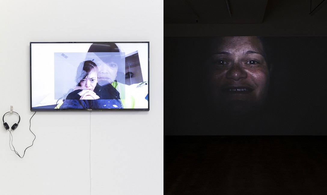 LEFT: Li-Ming Hu, Three interviews, 2020, digital video, 10:20, installation view. RIGHT: Salote Tawale, Creep, 2014, digital video, 03:11, installation view. Images courtesy of Cheska Brown.