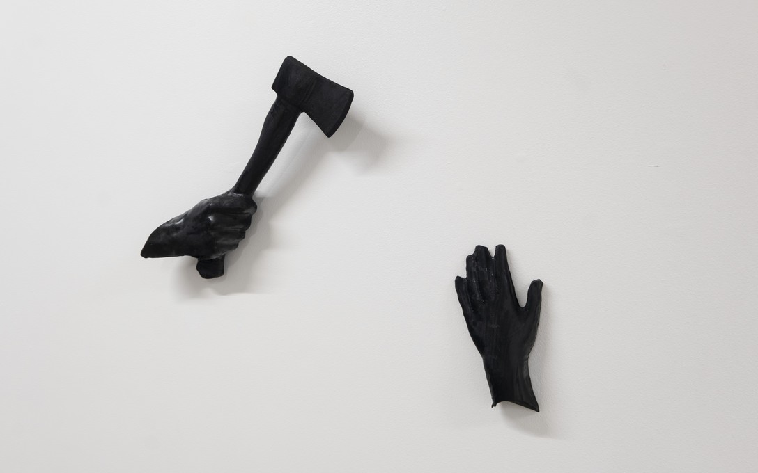 Telly Tuita, Repressed Memories series: Hands with Axe (CNC routed macrocarpa & spray paint) fabricated by Hamish Garry, 2026. Photo by Samson Dell.
