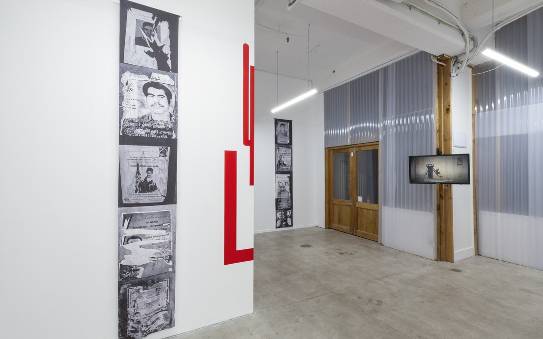 Ali Asfour, Where Is My Childhood Now? 2025. Installation view. Image courtesy of Cheska Brown. Catherine Griffiths, W in Blood [diptych with void] 2025. Installation view. Image courtesy of Cheska Brown.