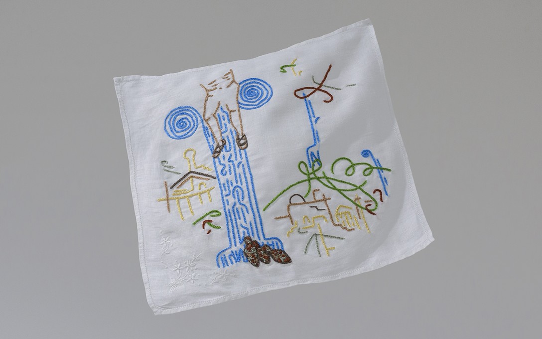 Areez Katki, Ionic, 2021, cotton thread hand embrlidery on muslin handkerchief. Image courtesy of Cheska Brown.