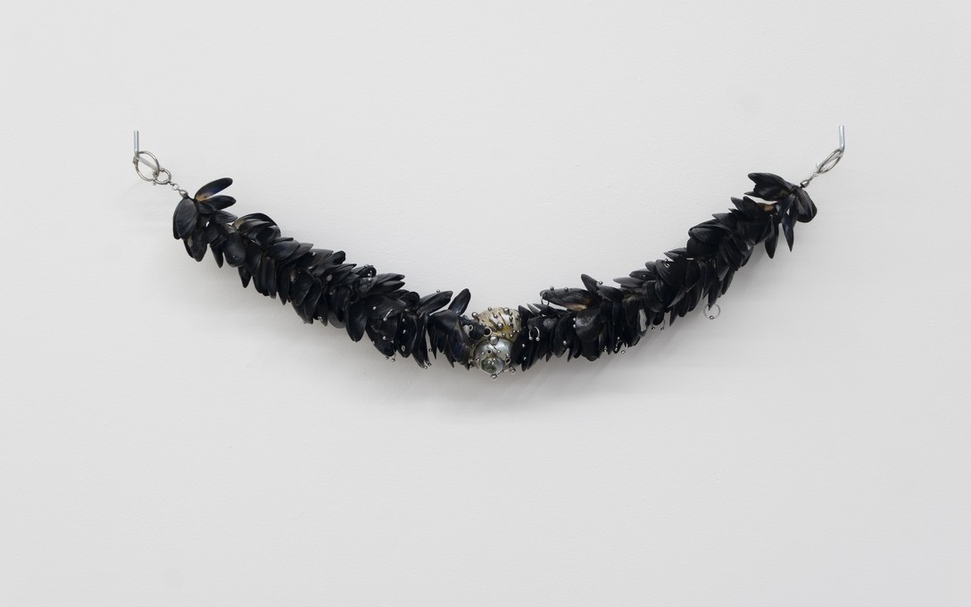 Bailey Gardner, Untitled #3, Pōrohe shells, atāta shell, nylon, steel, iron, 2026. Photo by Samson Dell.