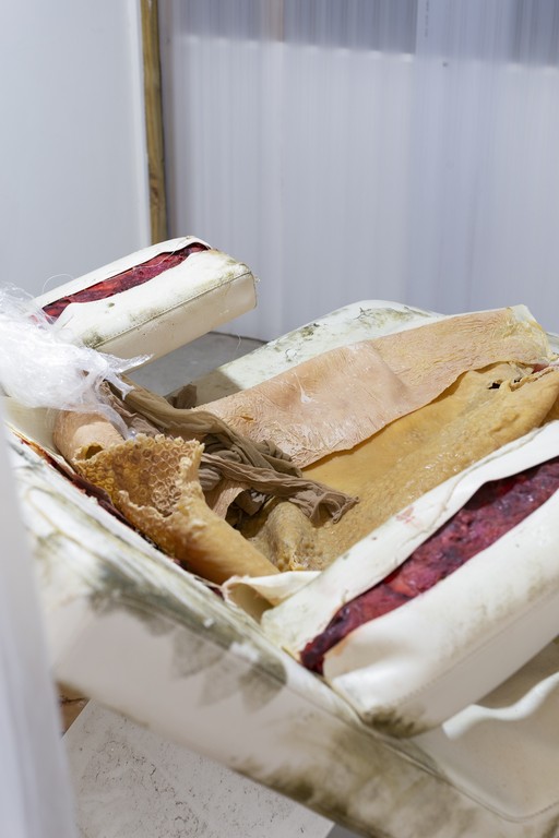 Fetishini, Skin, 2024-25. Liquid latex, foundation, salon chair, food dye, PVA glue, needle and thread. Photo by Cheska Brown.