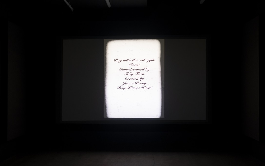 Jamie Berry, Boy with Red Apple (video with sound, 8:46mins, commissioned by Telly Tuita), 2026. Photo by Samson Dell.