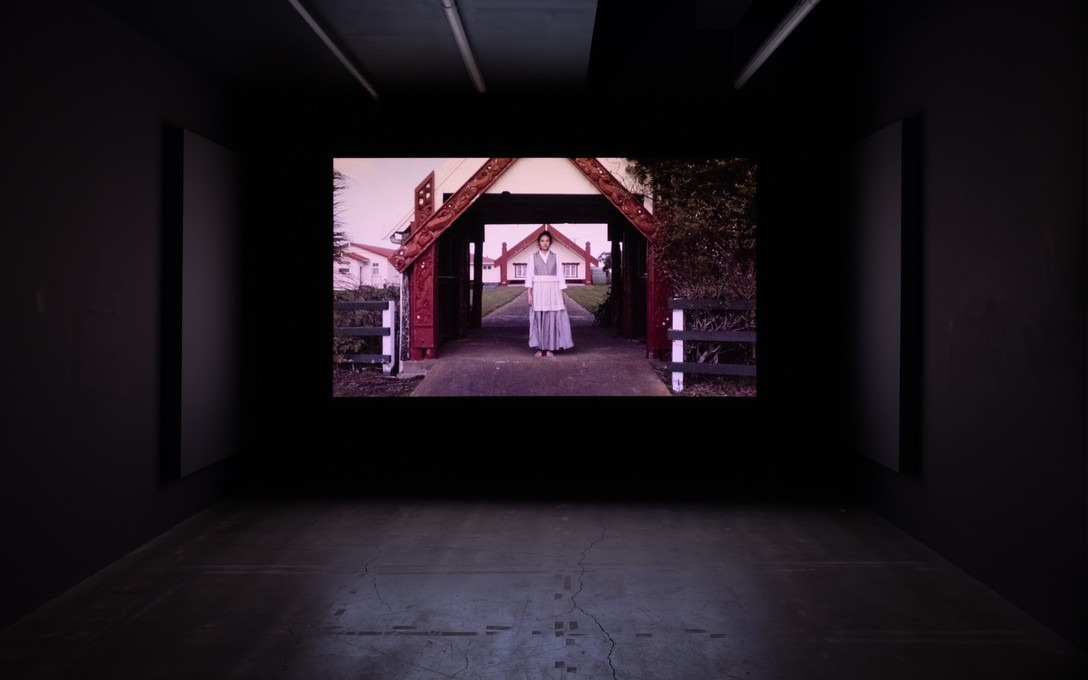 Bobby Luke, Whiri Kare, moving image with audio, 2019. Director and cinematographer: Bobby Luke, model: Carlida Te Awhe, location: Taiporohēnui Pā, Tangahoe. Image courtesy of Ted Whitaker.