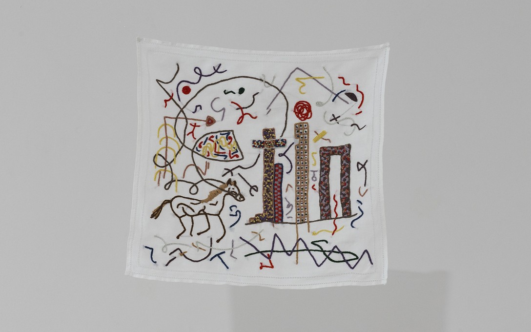 Areez Katki, Trojan, 2021, cotton thread hand embroidery on muslin handkerchief. Image courtesy of Cheska Brown.