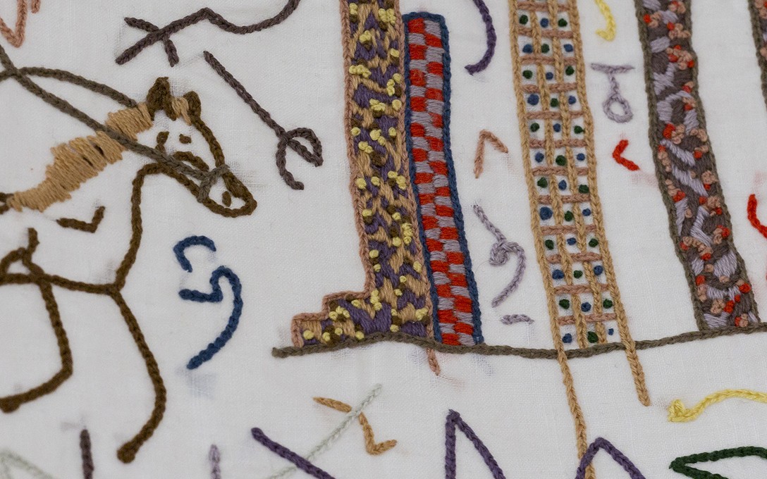 Areez Katki, Trojan, 2021, cotton thread hand embroidery on muslin handkerchief, detail. Image courtesy of Cheska Brown.