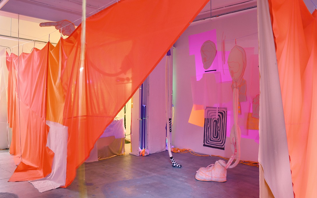 Eve Armstrong, Josephine Cachemaille and Gabby O’Connor, Everybody SoundSystem, 2022, install view. Photo courtesy of Enjoy Contemporary Art Space.
