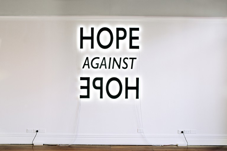 Deborah Rundle, Hope Against Hope, 2018, mdf, L.E.D. lights, Dulux Tuatapere paint. Image courtesy of Xander Dixon.